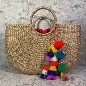 JADEtribe Large Handwoven Beach Basket Tote Multi Pink Tassel Boho Resort Bag